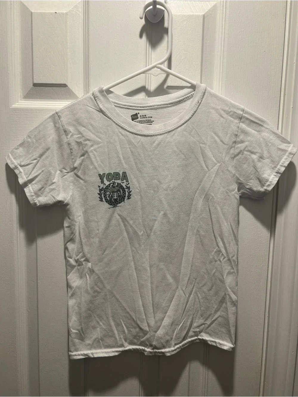 Hanes White Short Sleeve Tee with Small Green Yoda Crest